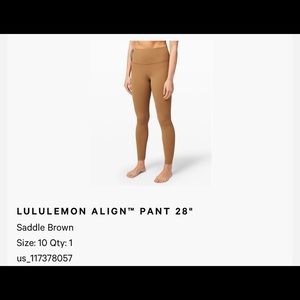 Lulu lemon align saddle brown 28’ size 10. Brand new, only tried on once.